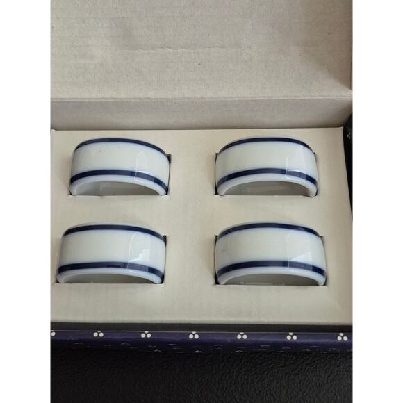 Vtg Dansk Bistro Napkin Rings Christianshavn Blue White Blue Set 4 Original Box - Picture 3 of 8